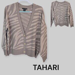 Tahari Longsleeve Cardigan Sweater Taupe Animal Print Womens 1X